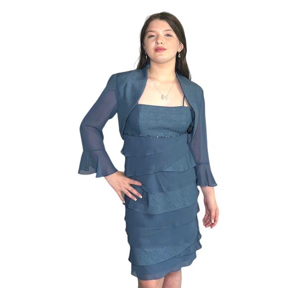 SL Fashions Formal DRESS 2+ CROP JACKET 6P Blue Tiered Beaded Ruffled Mob Wife - Picture 7 of 10